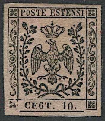 1854, Modena, 10 c. rosa, con punto dopo le cifre.  - Asta Filatelia e Storia Postale - Associazione Nazionale - Case d'Asta italiane