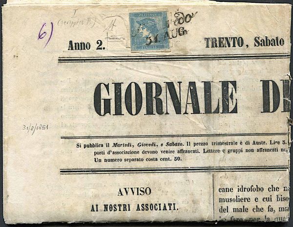 1851, Austria, giornale completo Giornale del Trentino del 30 agosto 1851.  - Asta Filatelia e Storia Postale - Associazione Nazionale - Case d'Asta italiane
