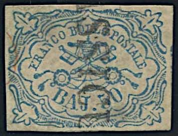 1852, Stato Pontificio, 50 baj azzurro (S. 10).  - Asta Filatelia e Storia Postale - Associazione Nazionale - Case d'Asta italiane