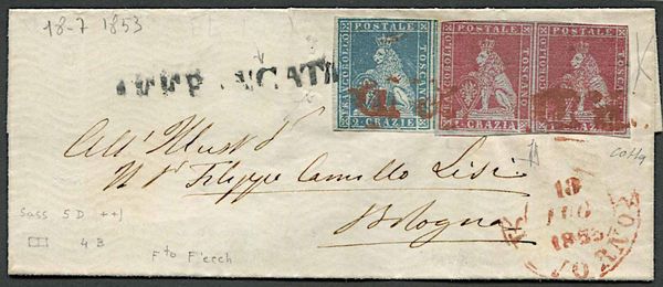 1853, Toscana, lettera da Livorno per Bologna del 13 luglio 1853.  - Asta Filatelia e Storia Postale - Associazione Nazionale - Case d'Asta italiane