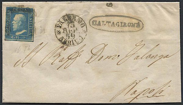 1859, Sicilia, gran parte di lettera da Caltagirone per Napoli del 13 aprile 1859.  - Asta Filatelia e Storia Postale - Associazione Nazionale - Case d'Asta italiane