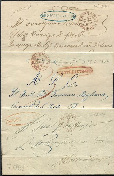 1859/1861, Sicilia, tre lettere schiave.  - Asta Filatelia e Storia Postale - Associazione Nazionale - Case d'Asta italiane