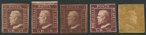 1858, Sicilia, cinque esemplari del 50 grana nuovi.  - Asta Filatelia e Storia Postale - Associazione Nazionale - Case d'Asta italiane