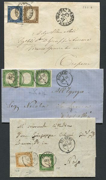 1861/1863, tre lettere affrancate con francobolli di Sardegna.  - Asta Filatelia e Storia Postale - Associazione Nazionale - Case d'Asta italiane