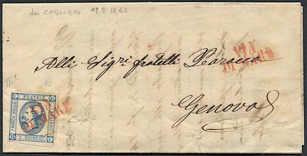 1863, Regno dItalia, lettera da Cagliari per Genova del 1 ottobre 1863.  - Asta Filatelia e Storia Postale - Associazione Nazionale - Case d'Asta italiane