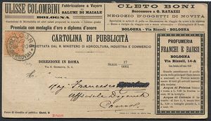 1889, Regno dItalia, cartolina di Pubblicit da 20 centesimi.  - Asta Filatelia e Storia Postale - Associazione Nazionale - Case d'Asta italiane