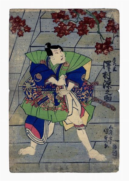 UTAGAWA KUNISADA I (TOYOKUNI III) : L'attore Suketakaya Takasuke III (noto come Sawamura Gennosuke II dal 1817 al 1831) nel ruolo di Saemon Wataru.  - Asta Stampe, disegni e dipinti antichi, moderni e contemporanei - Associazione Nazionale - Case d'Asta italiane