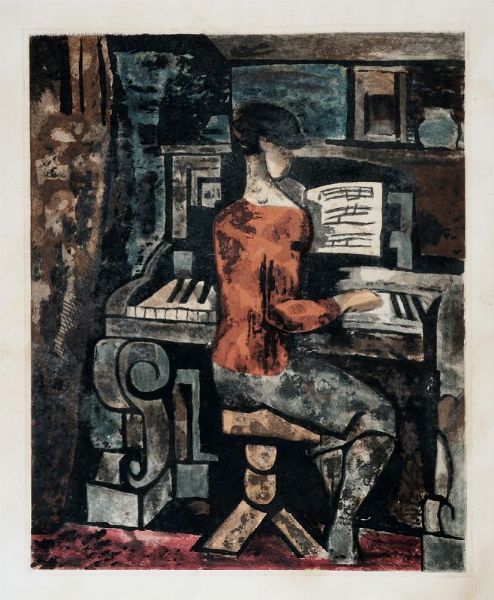 Jacques Villon : La femme au piano (by Jacques Villon).  - Asta Stampe, disegni e dipinti antichi, moderni e contemporanei - Associazione Nazionale - Case d'Asta italiane