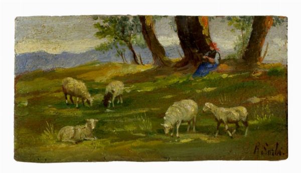 Raffaello Sorbi : Pastore con pecore.  - Asta Stampe, disegni e dipinti antichi, moderni e contemporanei - Associazione Nazionale - Case d'Asta italiane