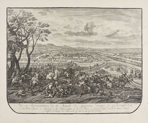 JAN VAN HUCHTENBURGH - Vue et Representation de la Bataille de Luzzara Donne le 15, d?Aost 1702 / Plan de la Bataille de Luzzara.