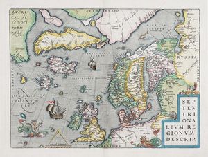 Abraham Ortelius - Septentrionalium Regionum Descrip. / Mappa dell'Atlantico del Nord.