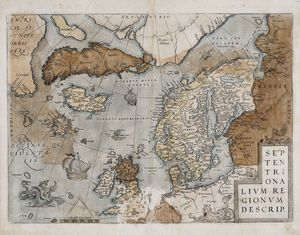 Abraham Ortelius - Septentrionalium Regionum Descrip. / Mappa dell'Atlantico del Nord.