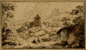 JAN HACKAERT - Paesaggio con figura nei pressi di un torrente / Paesaggio con edifici sul fondo e viandante con muli.