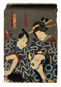 UTAGAWA KUNISADA I (TOYOKUNI III) - Figura stante con ventaglio nella mano destra e peonie.