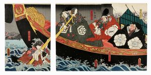 UTAGAWA KUNISADA I (TOYOKUNI III) - Uomini su una barca e giovane donna appesa a un remo.