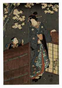 UTAGAWA KUNISADA I (TOYOKUNI III) - Fuori d un recinto di sterpaglia in una notte di primavera.