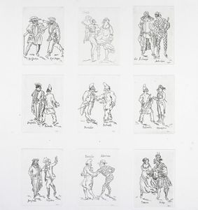 ALESSANDRO CERVELLATI - Collezione di 9 lastre originali in rame con maschere della commedia dell'arte.
