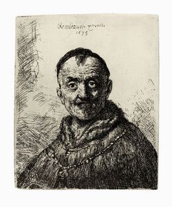 REMBRANDT HARMENSZOON VAN RIJN - Busto d'uomo con mantello di pelliccia e zucchetto (Prima testa all'orientale).