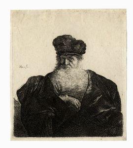 REMBRANDT HARMENSZOON VAN RIJN - Vecchio con barba, cappello di pelliccia e mantello di velluto.