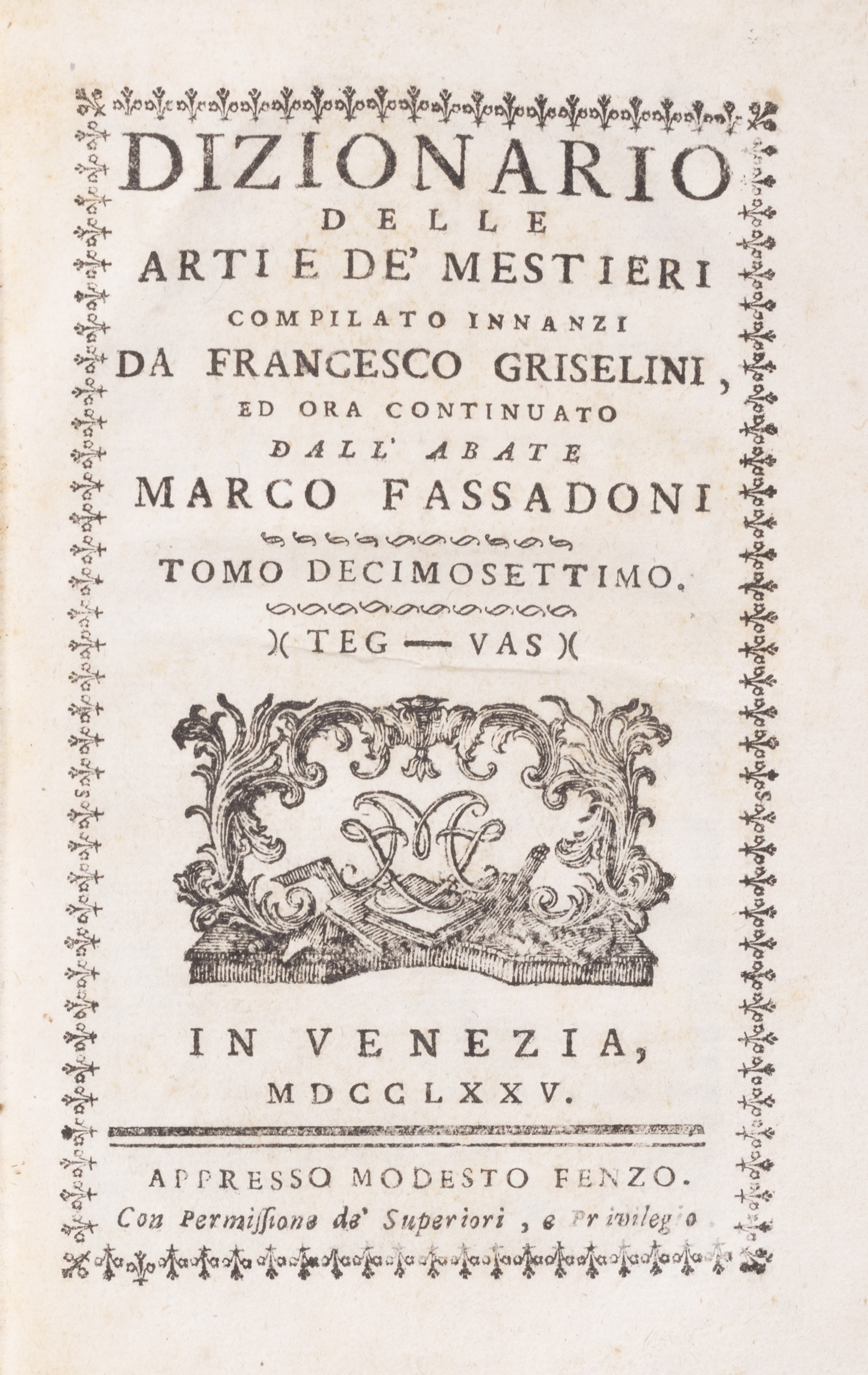 Dizionario Delle Arti E De Mestieri; by Griselini, Francesco