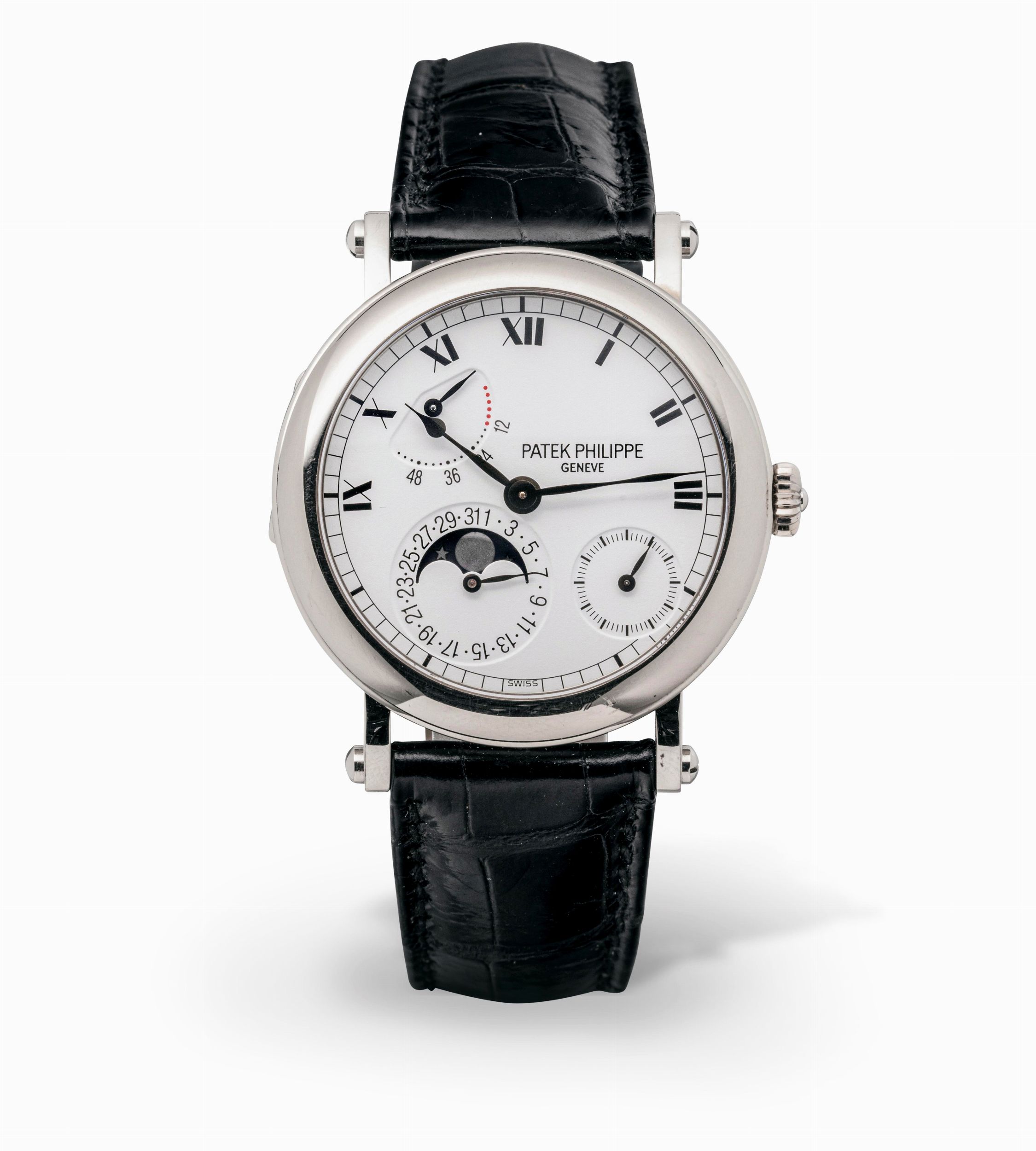 PATEK PHILIPPE Complicato e classico Calatrava ref 5054 G in oro bianco 18k in perfetto stato di conservazione con cassa a cerniera e fondo a vista calendario con fasi lunari quadrante