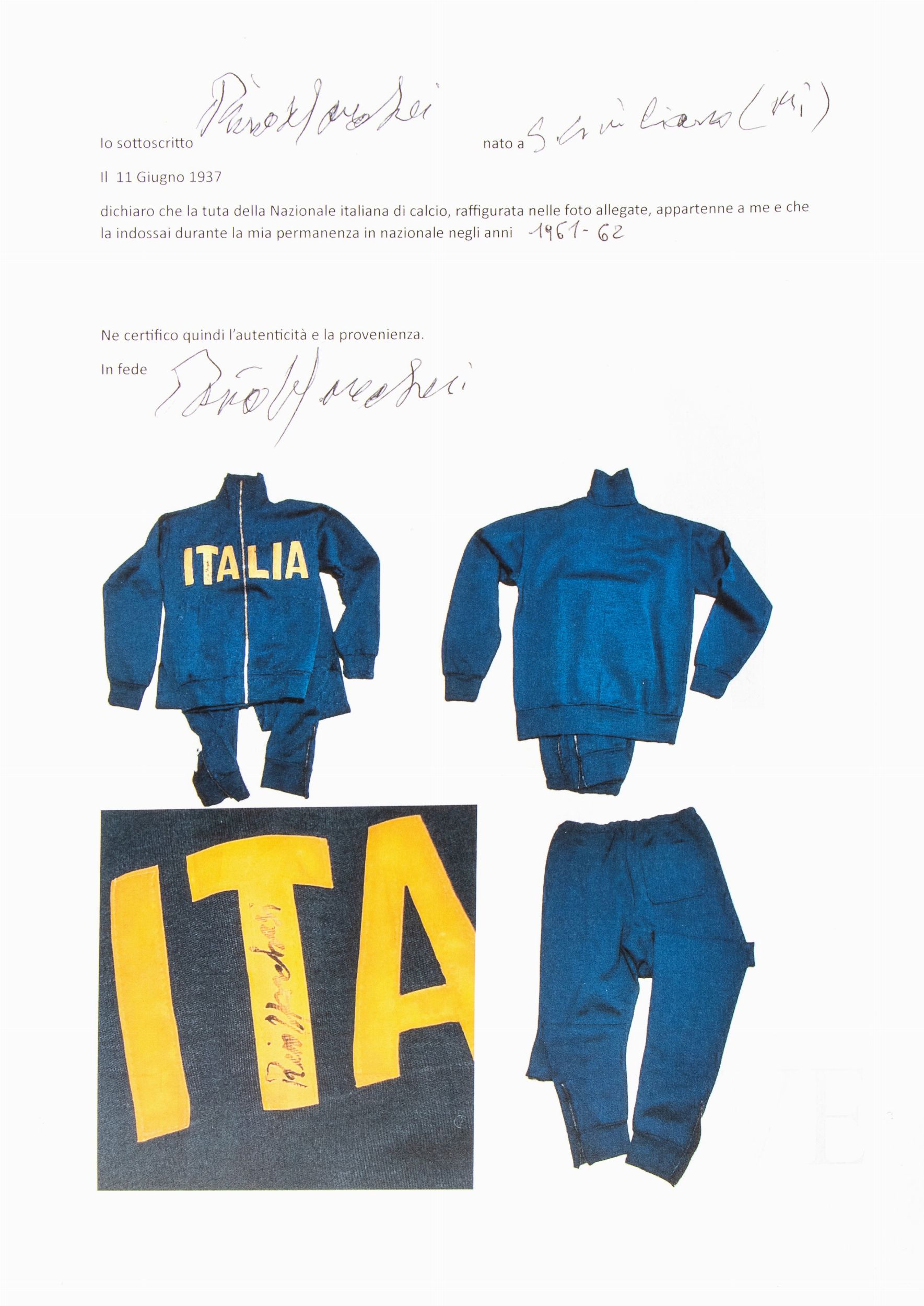 Calcio Italia tuta azzurra anni 60 Rino Marchesi Asta